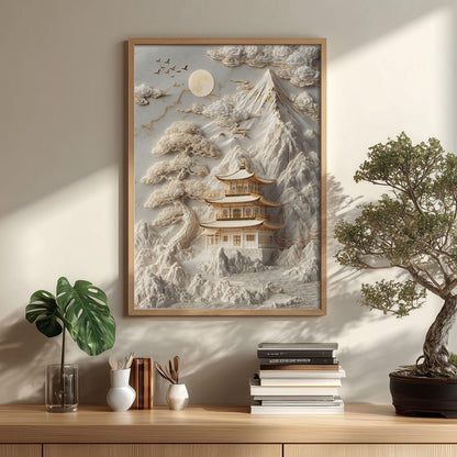 Golden Temple Poster, Japanese Landscape Print, White Mountain Wall Art