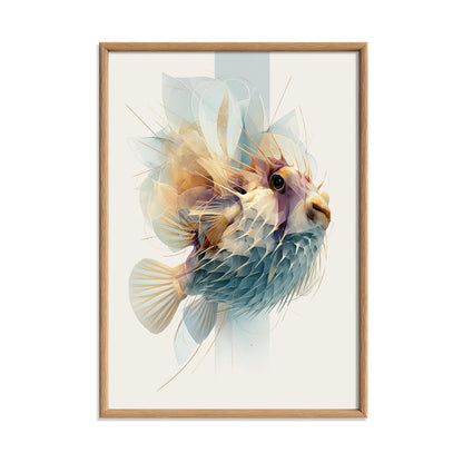 Abstract Pufferfish Wall Art, Geometric Ocean Life Print, Coastal Bathroom Decor