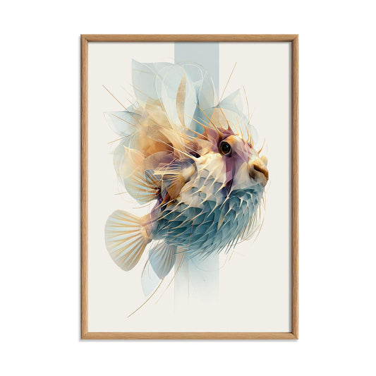 Abstract Pufferfish Wall Art, Geometric Ocean Life Print, Coastal Bathroom Decor