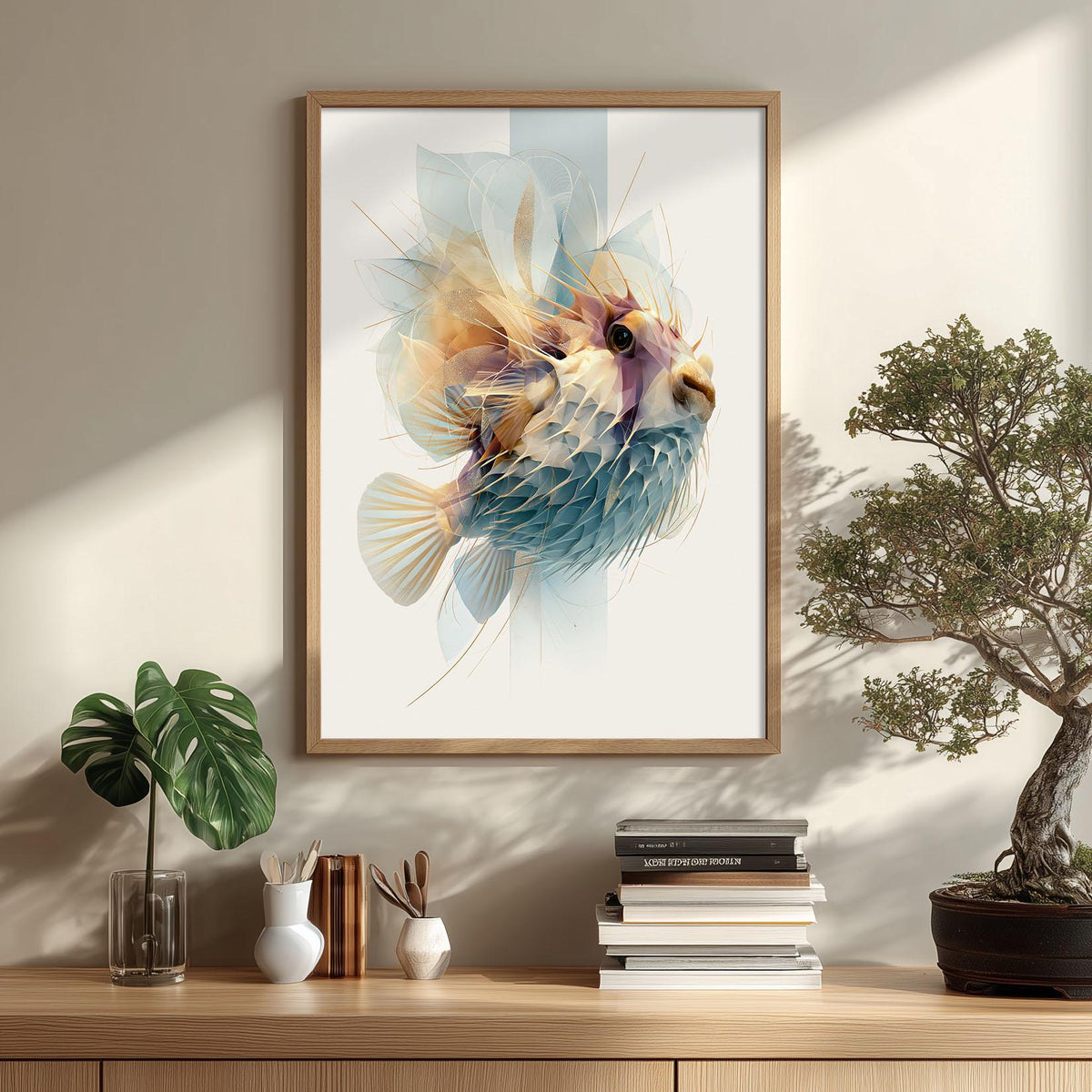 Abstract Pufferfish Wall Art, Geometric Ocean Life Print, Coastal Bathroom Decor