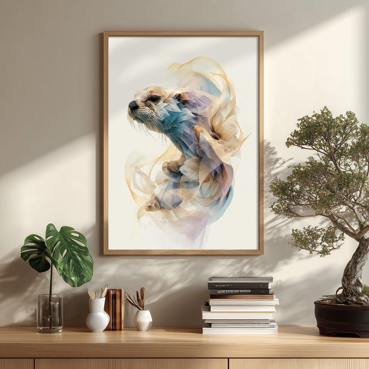 Abstract Otter Wall Art, Coastal Marine Life Print, Modern Pastel Tones