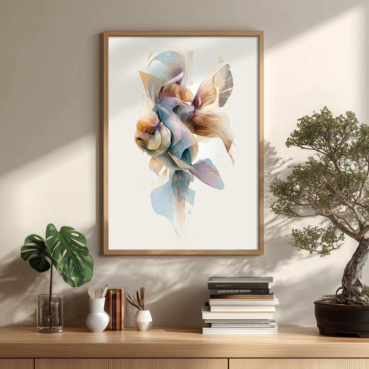 Abstract Goldfish Print, Modern Fish Wall Art, Soft Pastel Aquarium Decor, Coastal Wall Poster