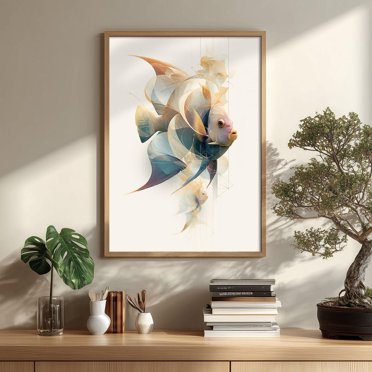 Abstract Blue Angelfish Print, Pastel Coastal Bathroom Decor, Modern Aquarium Art