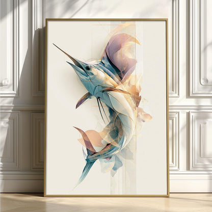 Marlin Poster, Abstract Billfish Print, Modern Ocean Wall Art, Coastal Bathroom Decor
