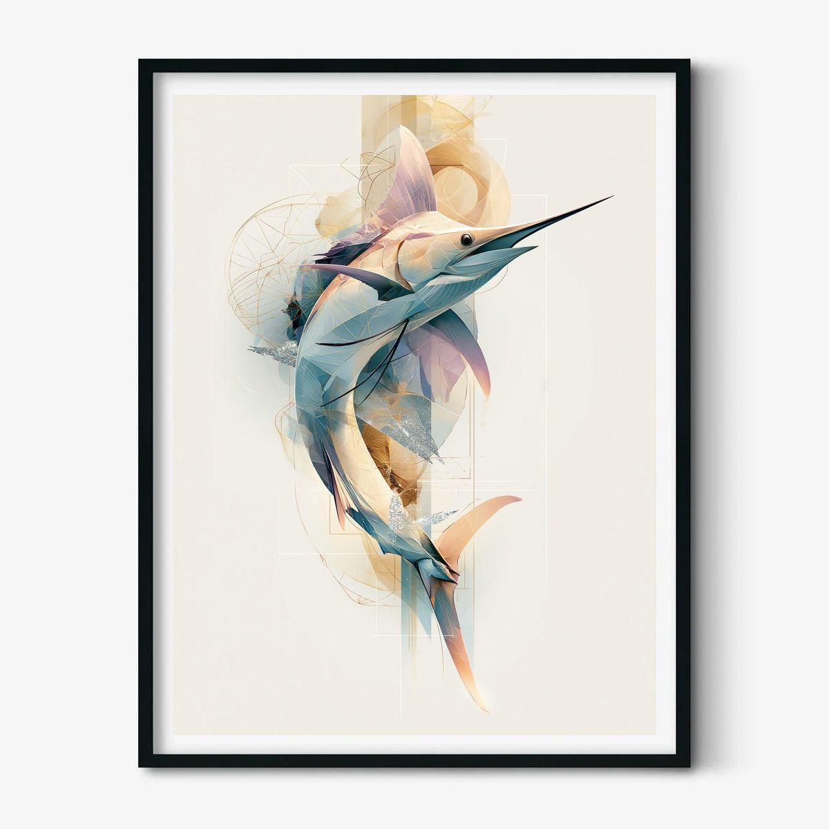 Abstract Sailfish Print, Geometric Marlin Wall Art, Coastal Ocean Decort
