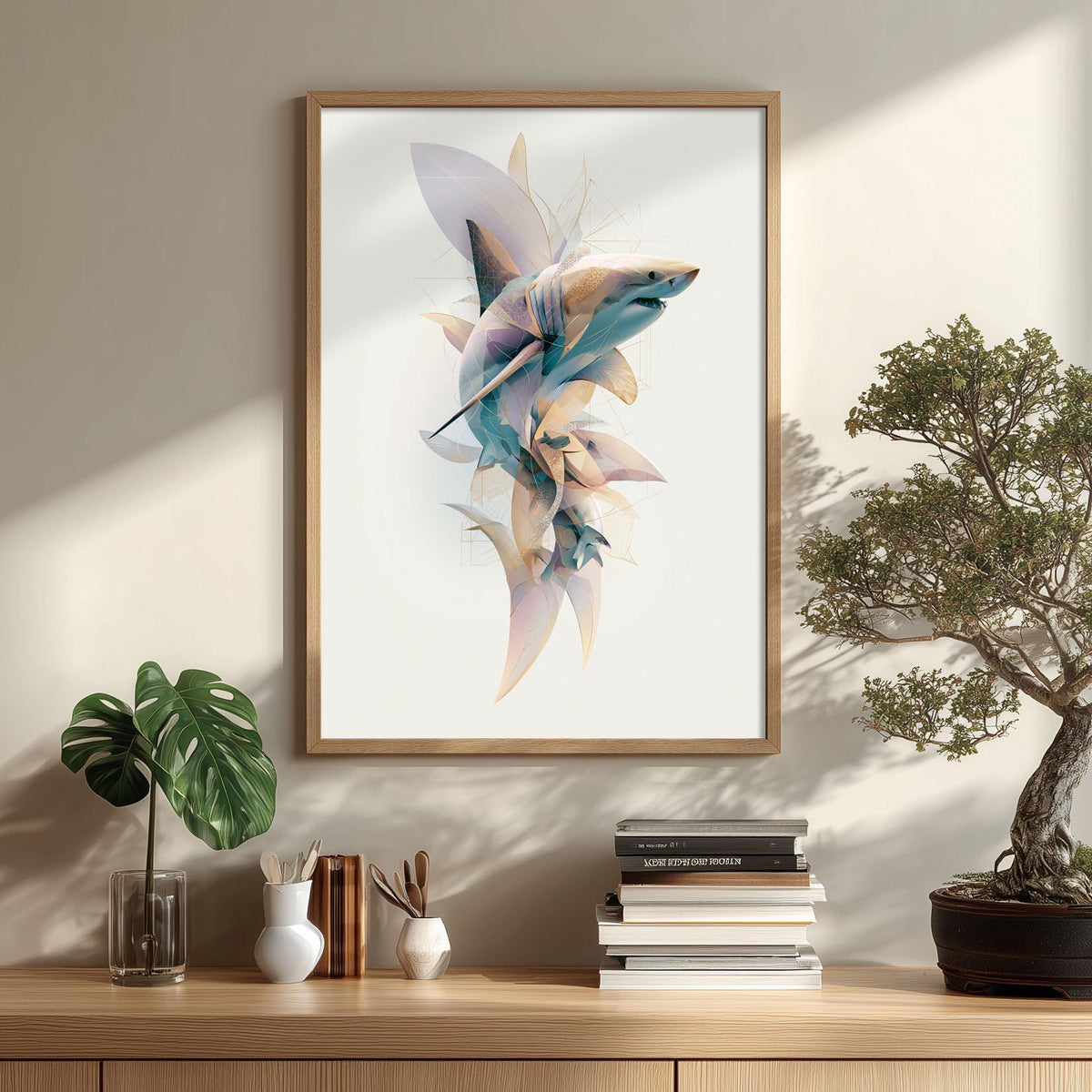 Great White Shark Wall Art Print, Abstract Shark Poster, Geometric Ocean Animal Art, Nautical Coastal Decor, Beach House
