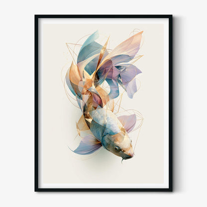 Geometric Koi Fish Print, Abstract Watercolour Wall Art, Coastal Ocean Decor