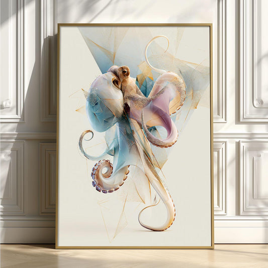 Octopus Wall Art Print, Abstract Geometric Octopus Poster, Coastal Bathroom Decor, Nautical Sea Life Art, Ocean Animal Print