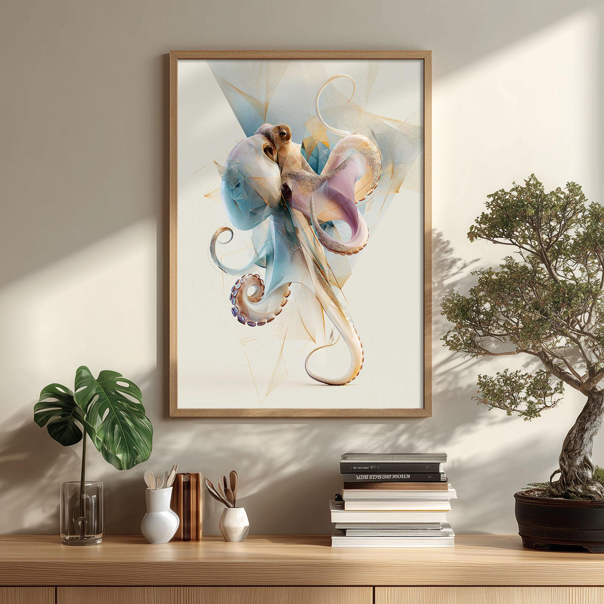 Octopus Wall Art Print, Abstract Geometric Octopus Poster, Coastal Bathroom Decor, Nautical Sea Life Art, Ocean Animal Print