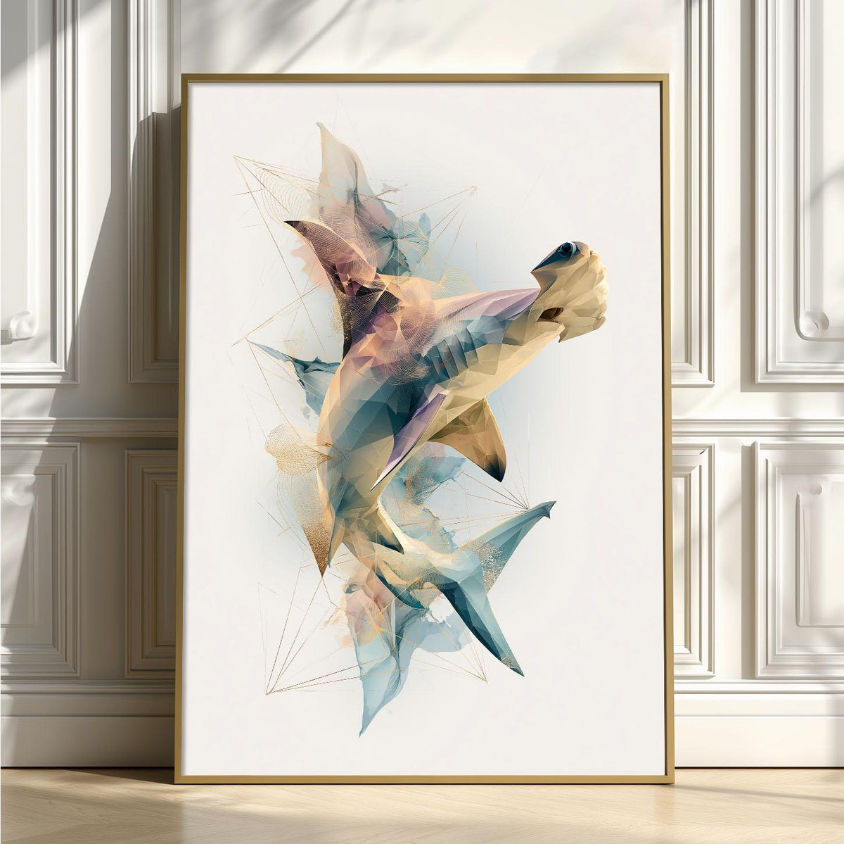 Hammerhead Shark Wall Art Print, Abstract Geometric Shark Poster, Ocean Animal Art, Coastal Beach House Decor, Nautical Sea