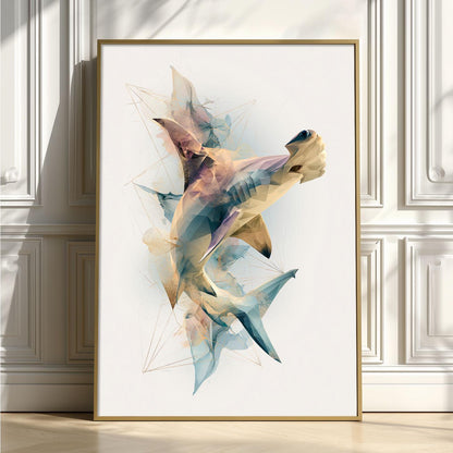 Hammerhead Shark Wall Art Print, Abstract Geometric Shark Poster, Ocean Animal Art, Coastal Beach House Decor, Nautical Sea