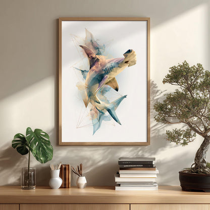 Hammerhead Shark Wall Art Print, Abstract Geometric Shark Poster, Ocean Animal Art, Coastal Beach House Decor, Nautical Sea