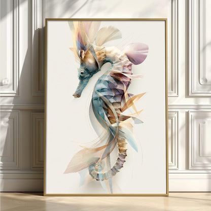 Seahorse Wall Art Print, Abstract Geometric Seahorse Poster, Ocean Animal Art, Coastal Bathroom Decor, Nautical Sea Life
