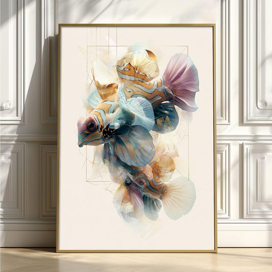 Abstract Geometric Mandarinfish Wall Art Print, Coastal Aquarium Decor
