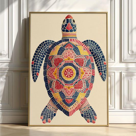 Mosaic Sea Turtle Wall Art, Colourful Coastal Beach House Poster Print