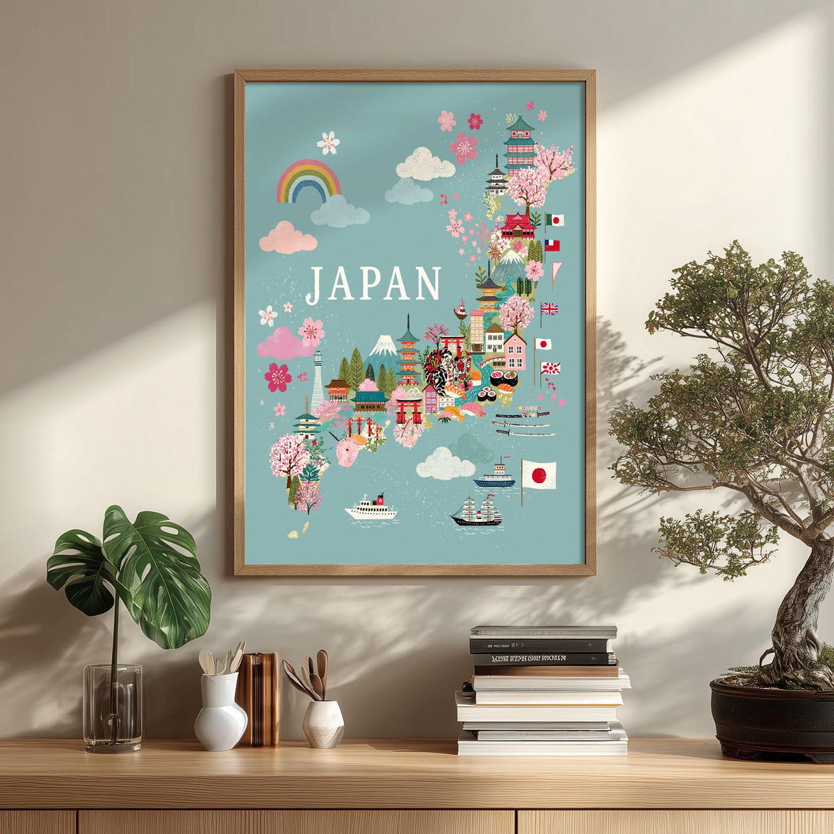 Japan Map Art Print, Colourful Travel Poster, Cherry Blossom Nursery Decor