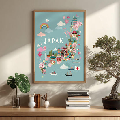 Japan Map Art Print, Colourful Travel Poster, Cherry Blossom Nursery Decor