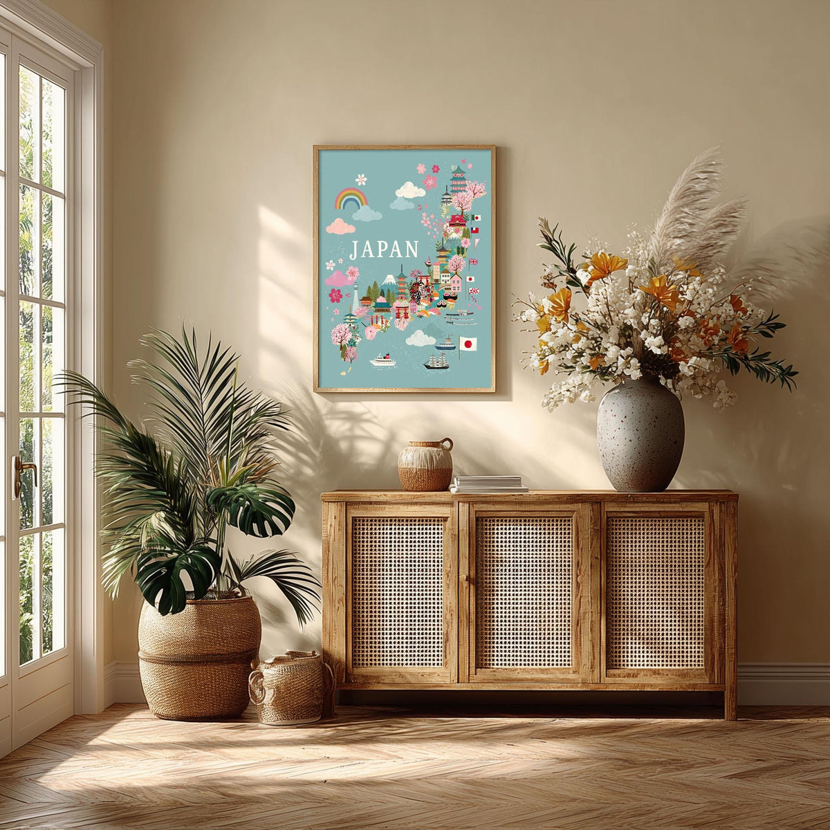 Japan Map Art Print, Colourful Travel Poster, Cherry Blossom Nursery Decor