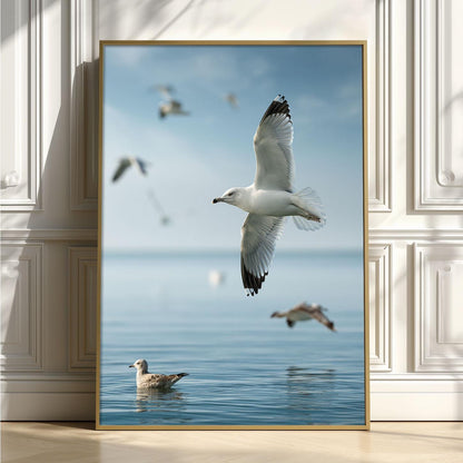 Seagull Photo Print, Coastal Ocean Bird Art, Calm Beach House Wall Decor