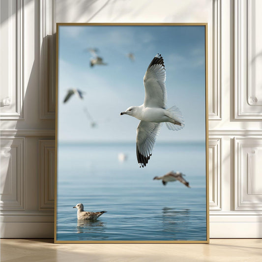 Seagull Photo Print, Coastal Ocean Bird Art, Calm Beach House Wall Decor