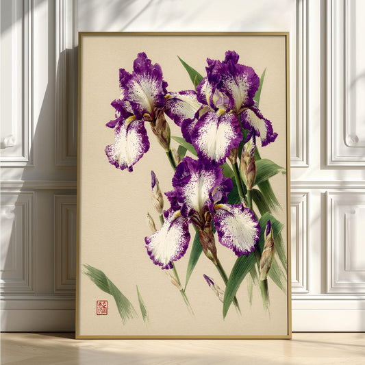 Purple Iris Botanical Art Print, Vintage Floral Japanese Garden Poster