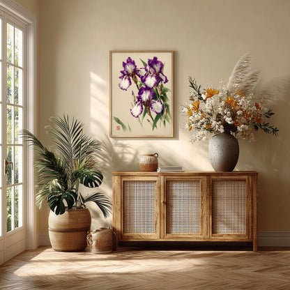 Purple Iris Botanical Art Print, Vintage Floral Japanese Garden Poster