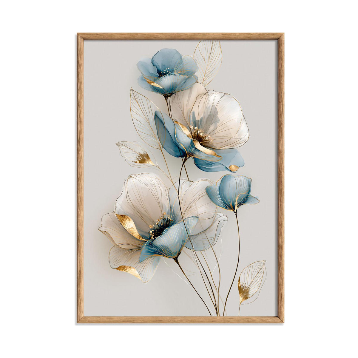 Soft Blue Floral Poster Print, Elegant Botanical Wall Art, Gold Line Flower Picture, Minimalist Bedroom Decor