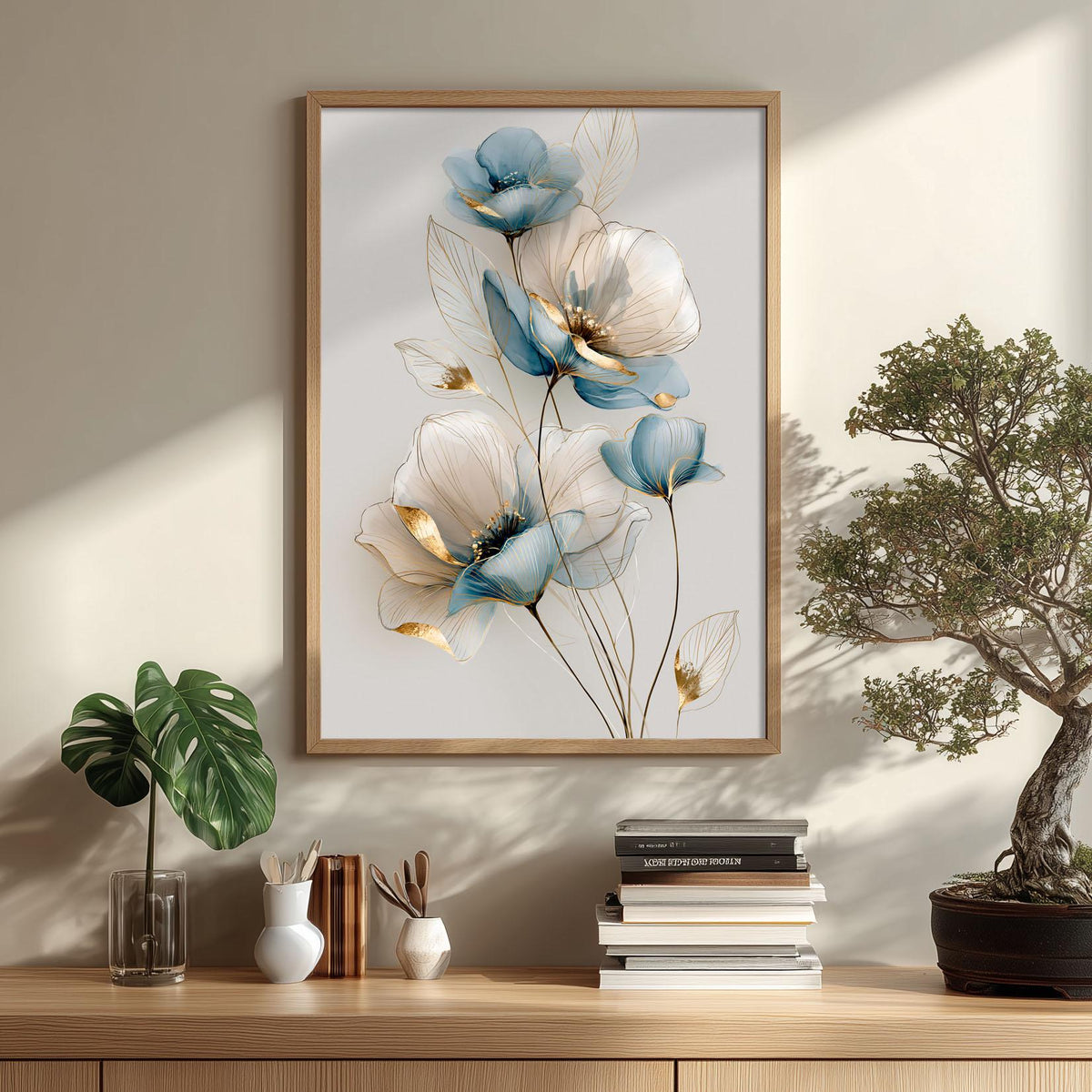 Soft Blue Floral Poster Print, Elegant Botanical Wall Art, Gold Line Flower Picture, Minimalist Bedroom Decor
