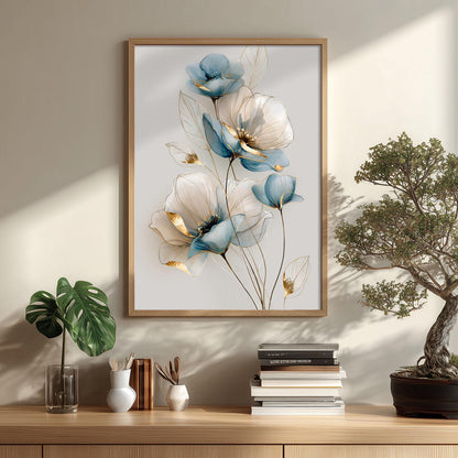 Soft Blue Floral Poster Print, Elegant Botanical Wall Art, Gold Line Flower Picture, Minimalist Bedroom Decor