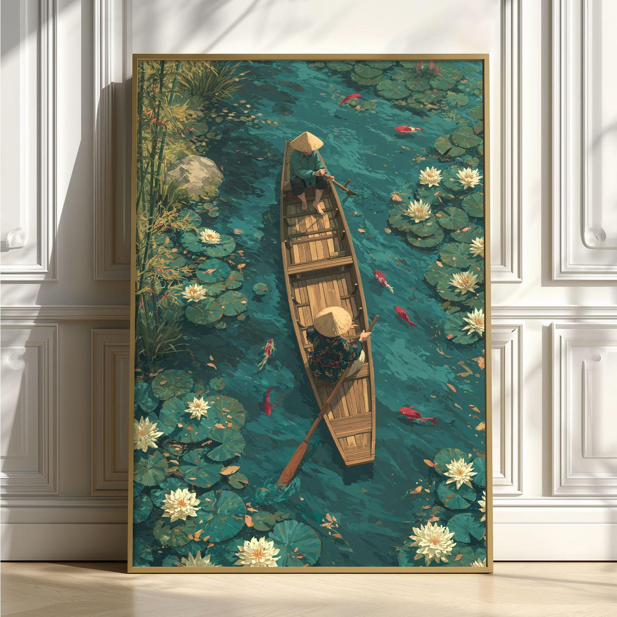 Serene Lotus Pond Poster Print, Asian Garden Wall Art, Koi Fish Picture, Peaceful Boat Scene
