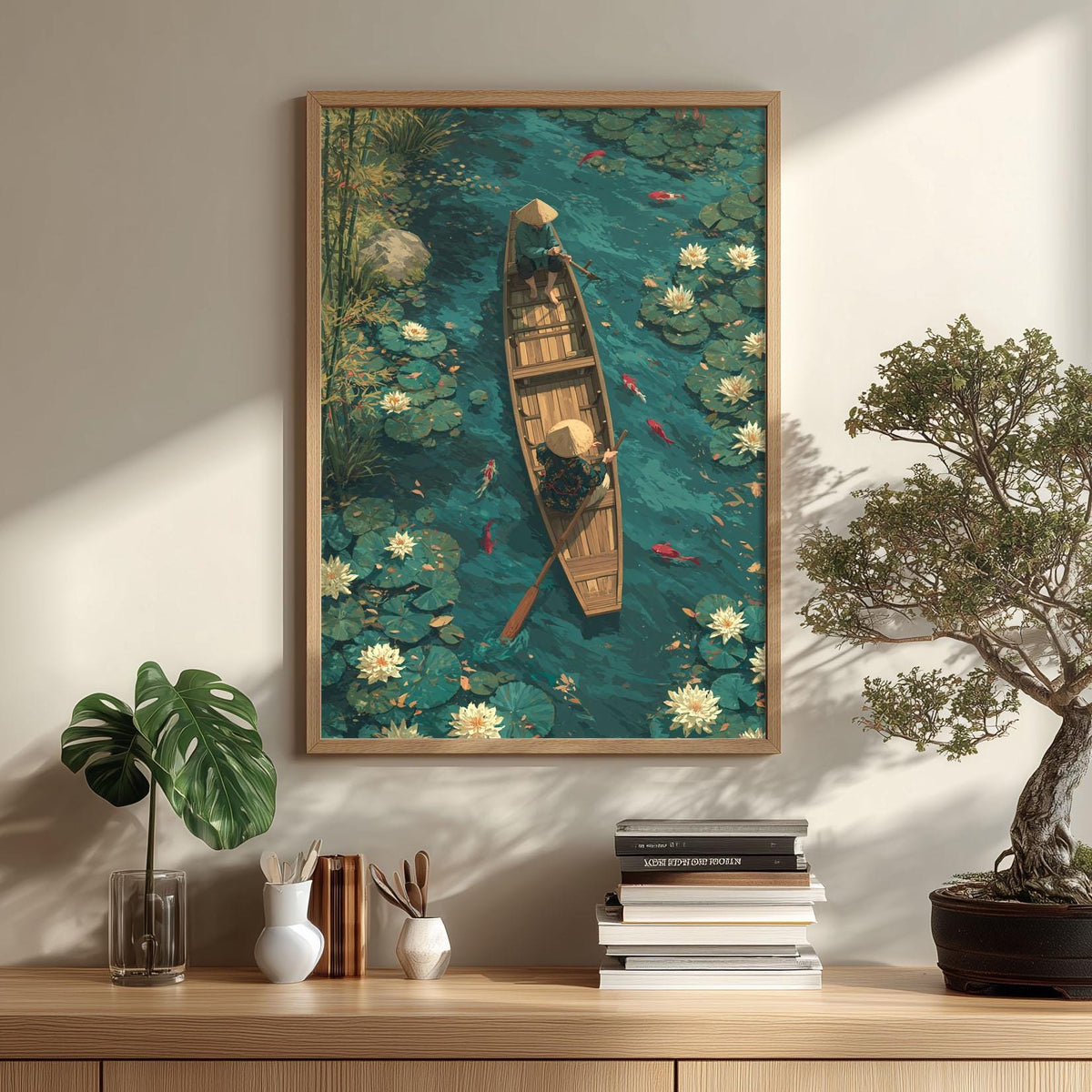 Serene Lotus Pond Poster Print, Asian Garden Wall Art, Koi Fish Picture, Peaceful Boat Scene