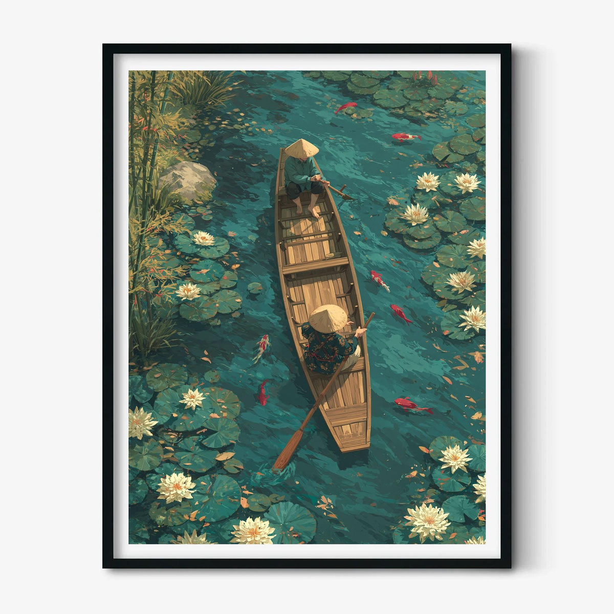 Serene Lotus Pond Poster Print, Asian Garden Wall Art, Koi Fish Picture, Peaceful Boat Scene