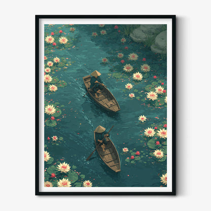Koi Pond Poster Print, Japanese Garden Wall Art, Lotus Flower Picture, Boat Scene Wall Decor