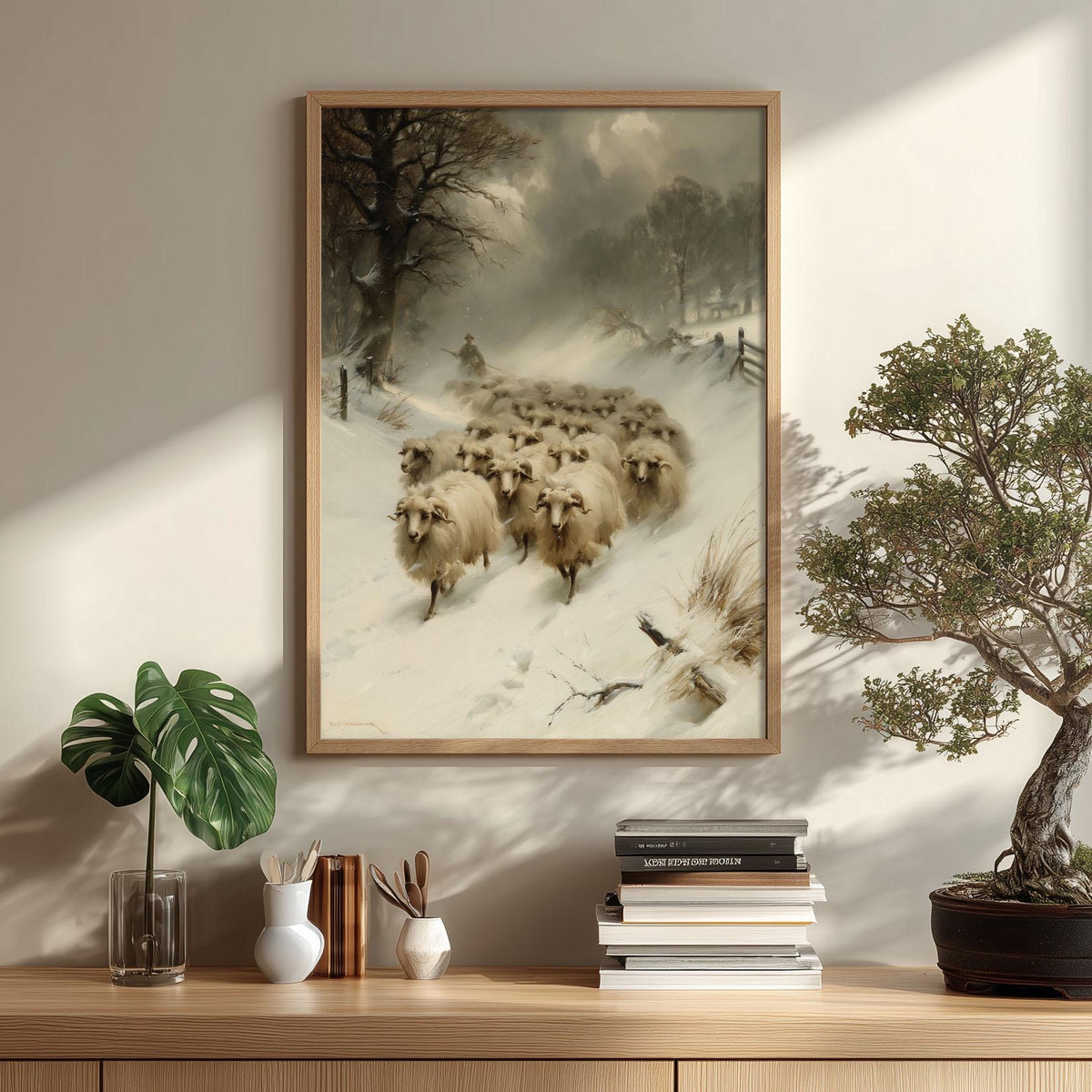 Winter Sheep Poster Print, Farmhouse Wall Art, Snowy Countryside Picture, Rustic Farm Animal Decor