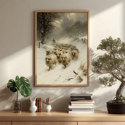 Winter Sheep Poster Print, Farmhouse Wall Art, Snowy Countryside Picture, Rustic Farm Animal Decor