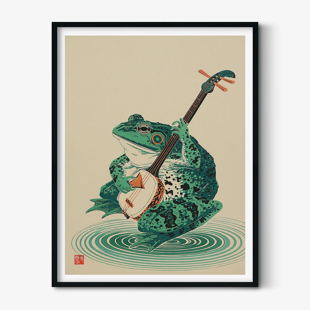 Japanese Frog Playing Banjo Print, Zen Forest Wall Art, Woodland Nature Decor