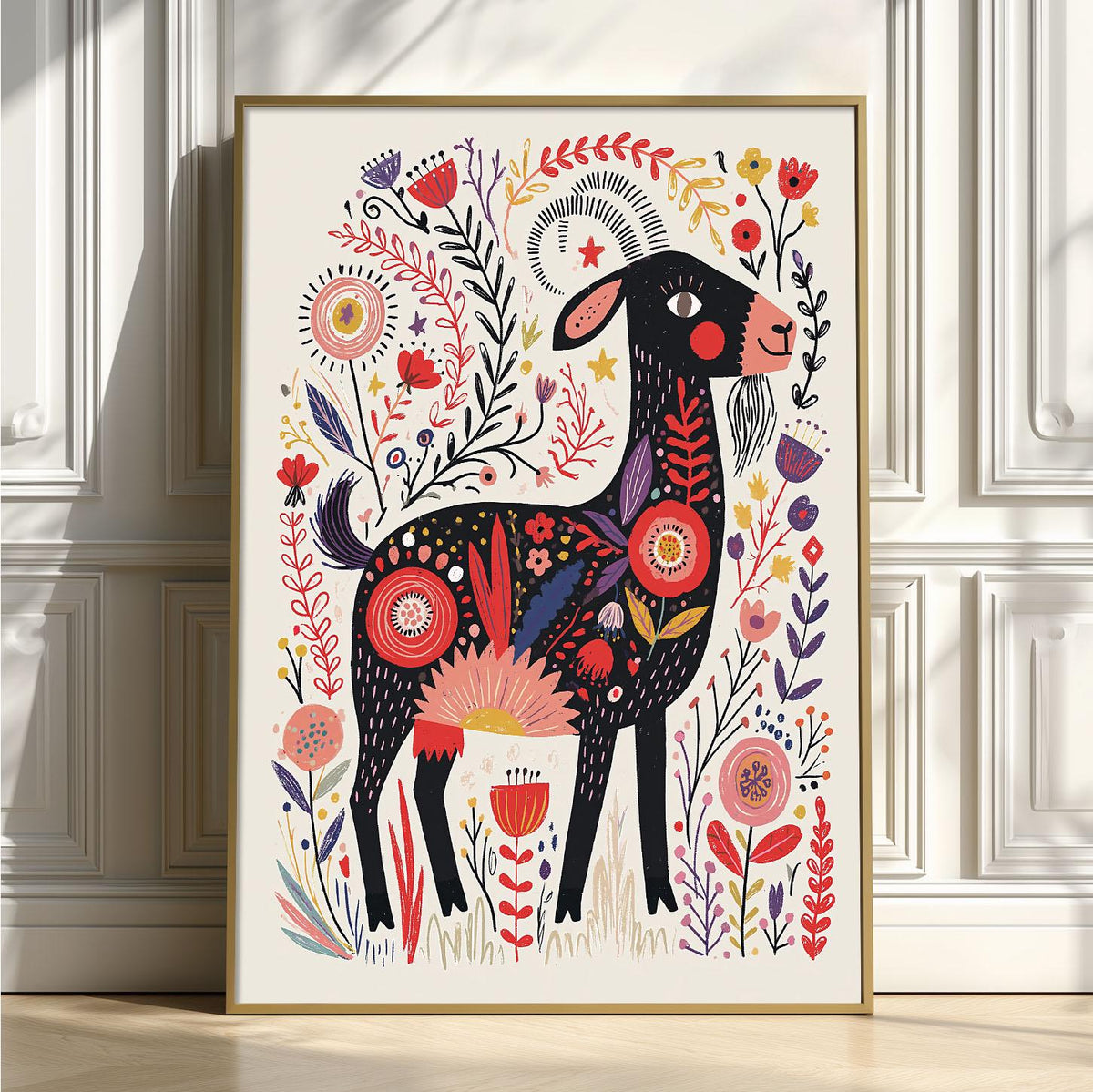 Folk Art Goat Poster Print, Colourful Farm Animal Wall Art, Floral Goat Picture, Kids Room Decor