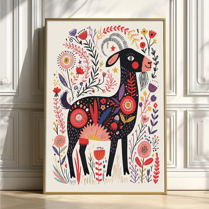 Folk Art Goat Poster Print, Colourful Farm Animal Wall Art, Floral Goat Picture, Kids Room Decor