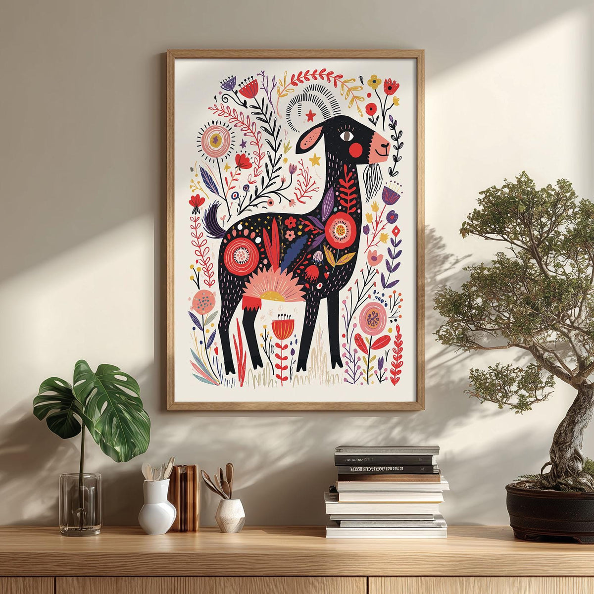 Folk Art Goat Poster Print, Colourful Farm Animal Wall Art, Floral Goat Picture, Kids Room Decor