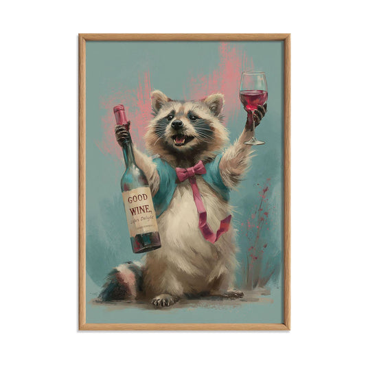 Funny Raccoon Wine Lover Poster Print, Party Animal Wall Art, Home Bar Decor