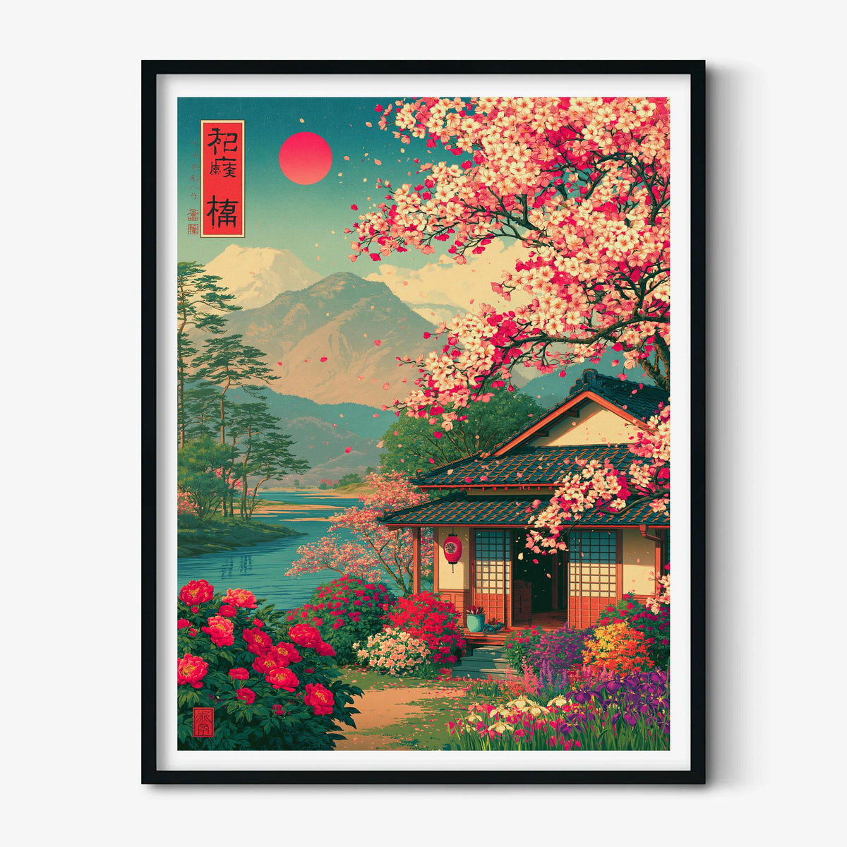 Cherry Blossom Poster Print, Japanese Garden Wall Art, Mountain Lake Picture, Japan Travel Decor