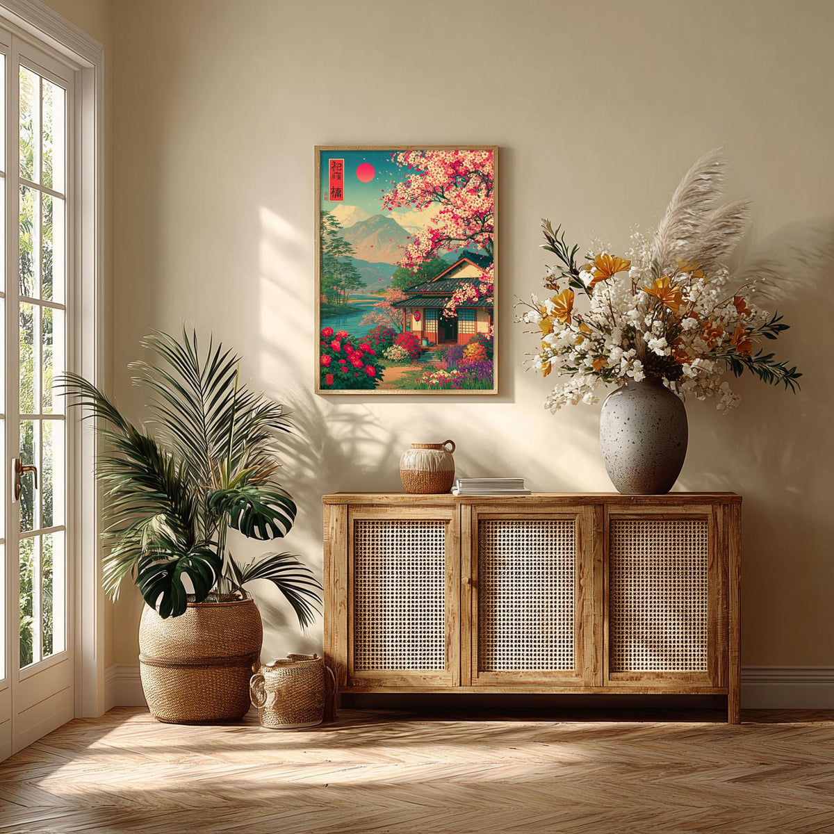 Cherry Blossom Poster Print, Japanese Garden Wall Art, Mountain Lake Picture, Japan Travel Decor