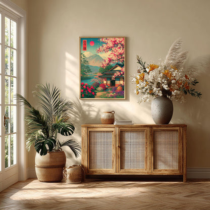 Cherry Blossom Poster Print, Japanese Garden Wall Art, Mountain Lake Picture, Japan Travel Decor