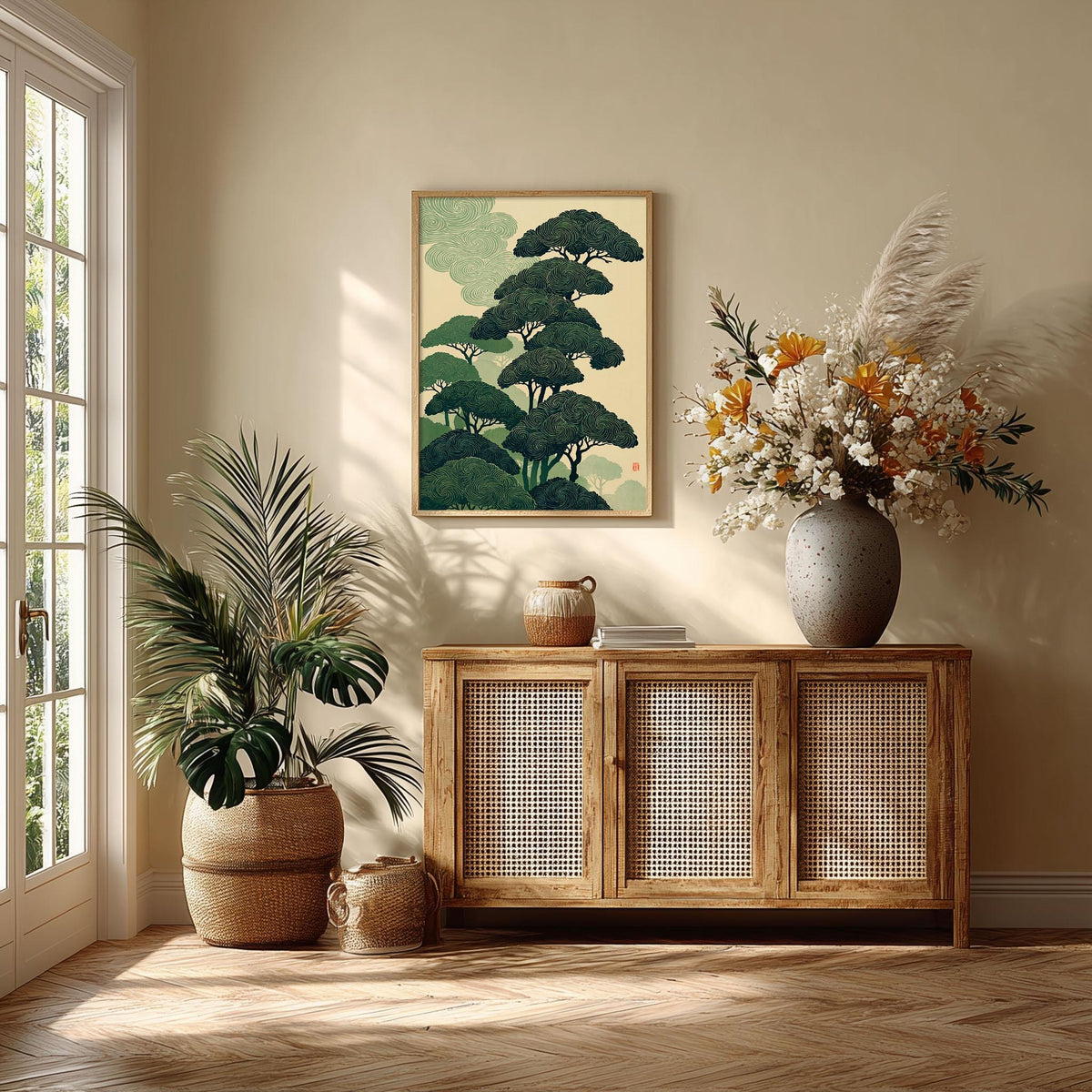 Japanese Pine Tree Forest Poster, Zen Green Asian Nature Wall Art Print