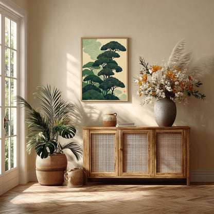 Japanese Pine Tree Forest Poster, Zen Green Asian Nature Wall Art Print