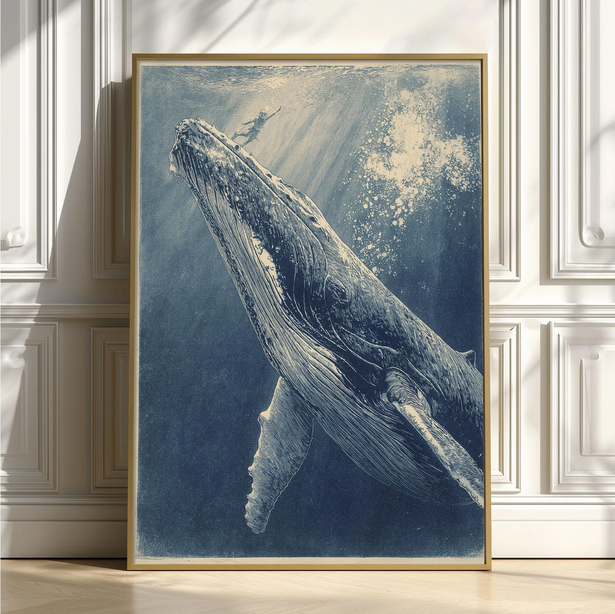Blue Whale Poster Print, Ocean Wall Art, Underwater Whale Picture, Coastal Bathroom Decor