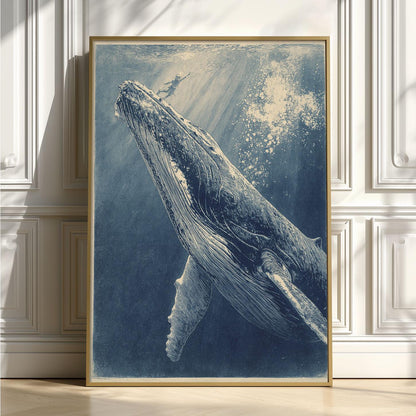 Blue Whale Poster Print, Ocean Wall Art, Underwater Whale Picture, Coastal Bathroom Decor