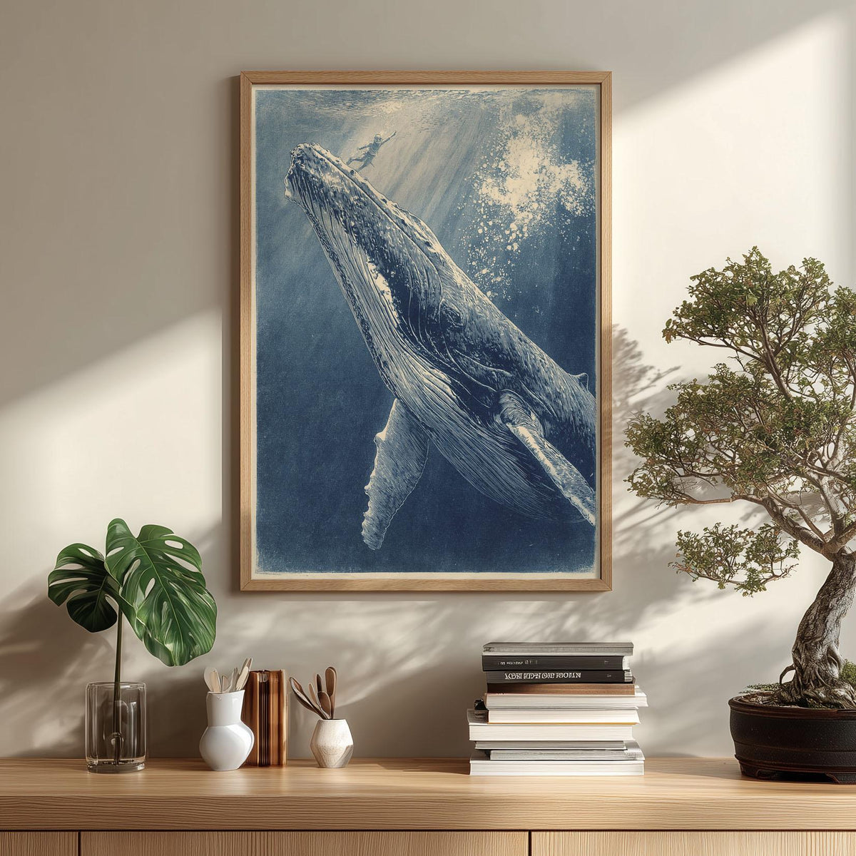 Blue Whale Poster Print, Ocean Wall Art, Underwater Whale Picture, Coastal Bathroom Decor