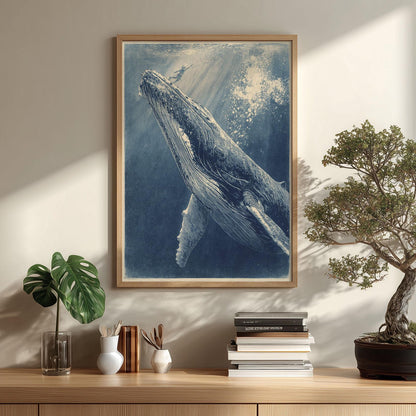 Blue Whale Poster Print, Ocean Wall Art, Underwater Whale Picture, Coastal Bathroom Decor