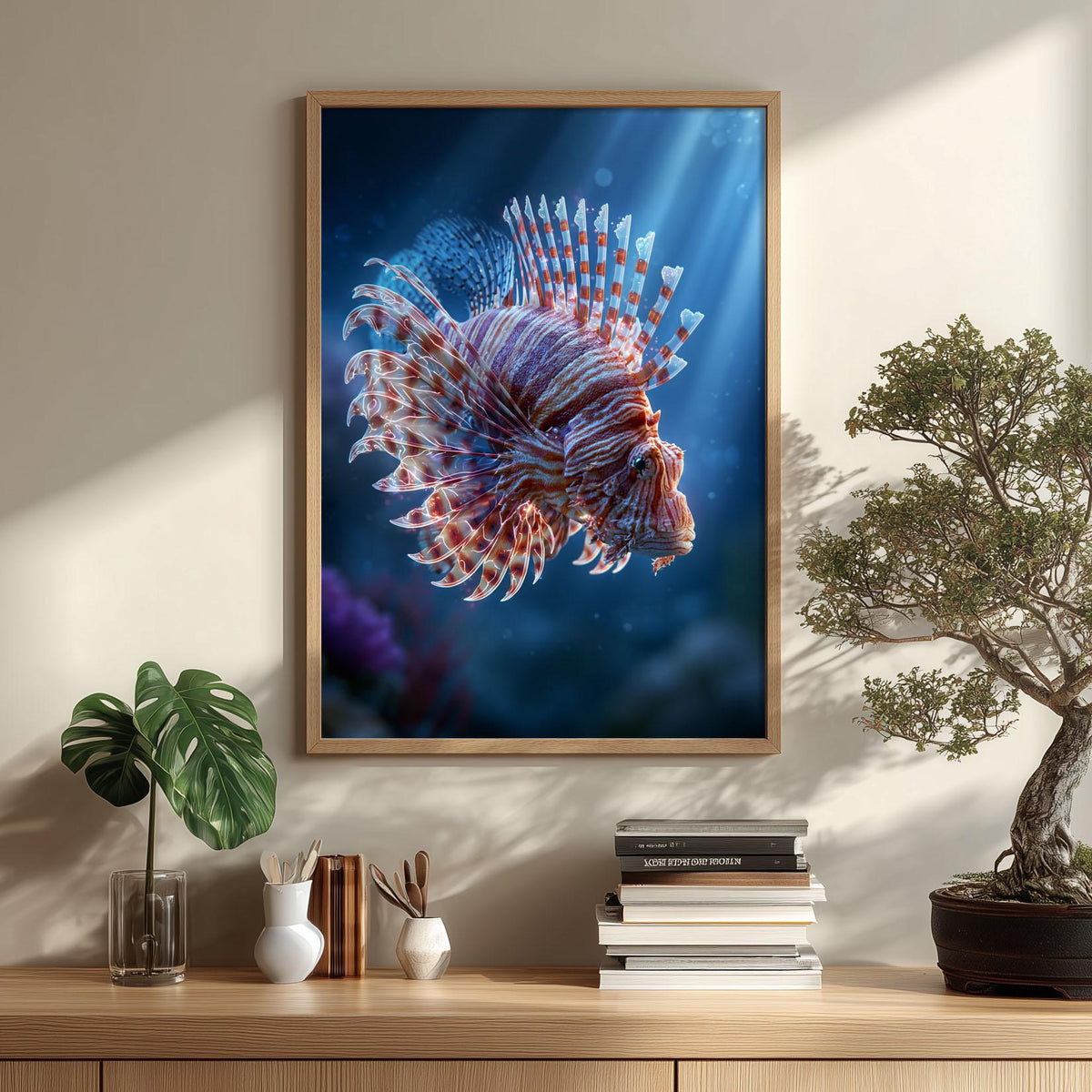 Underwater Lionfish Poster Print, Ocean Wall Art, Tropical Fish Picture, Coastal Bathroom Decor